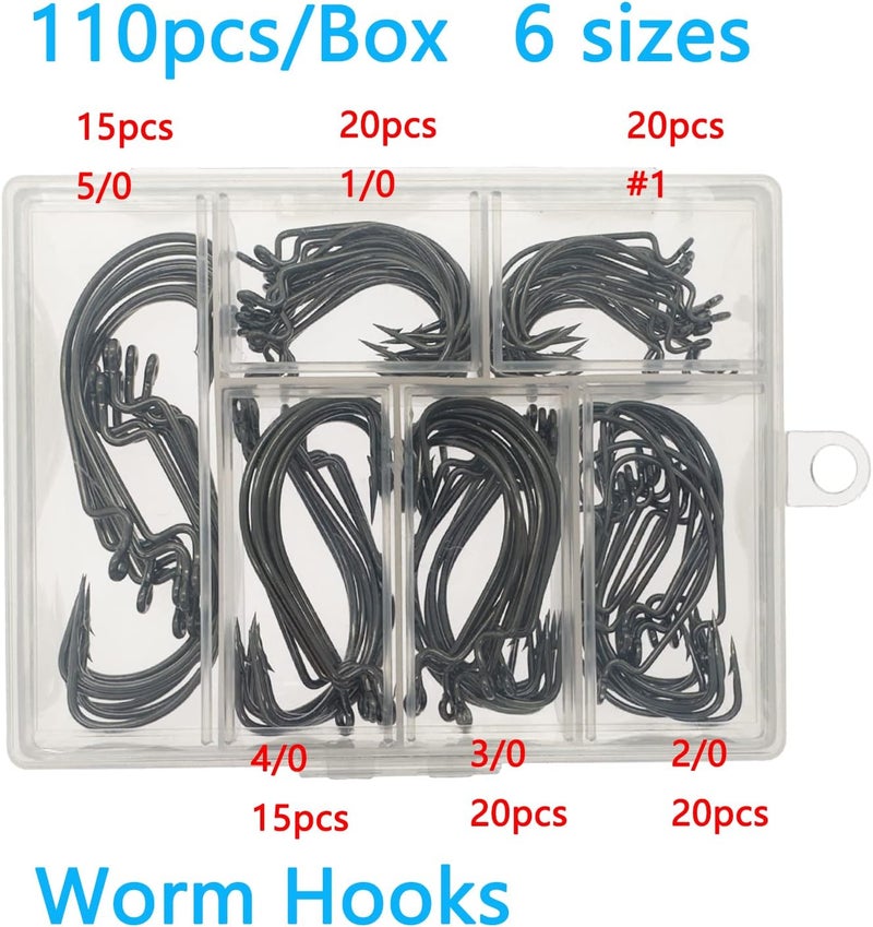 Afmivs Worm Hooks for Bass Fishing Hooks, 110pcs Bass Hooks Fishing, 6 Sizes Fishing Hooks Freshwater, Eagle Claw Hooks #1 1/0 2/0 3/0 4/0 5/0 Black High Carbon Steel with Portable Plastic Box - Image 2